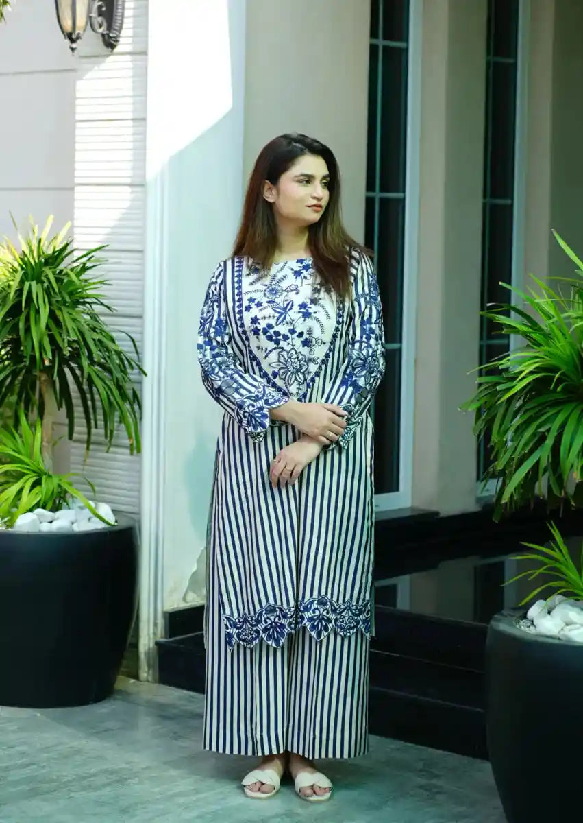 Striped Serenity 2pc Stitched embroidered