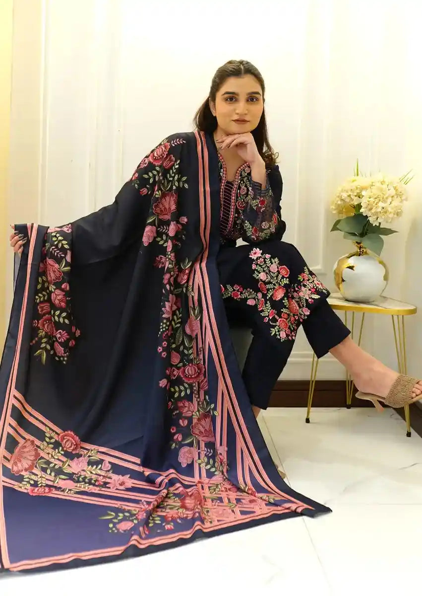 Blossom Navy 3pc Stitched embroidered