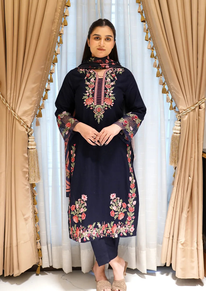 Blossom Navy 3pc Stitched embroidered