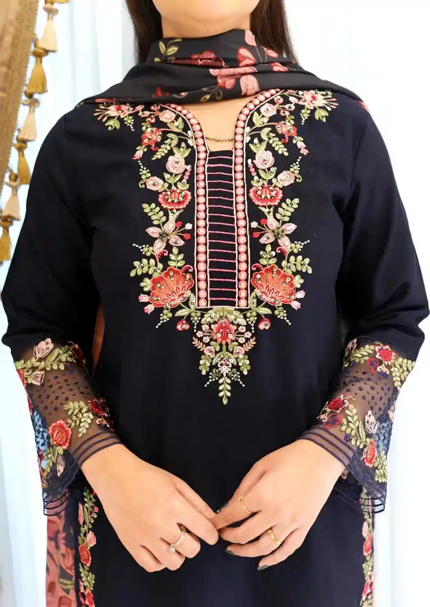 Blossom Navy 3pc Stitched embroidered