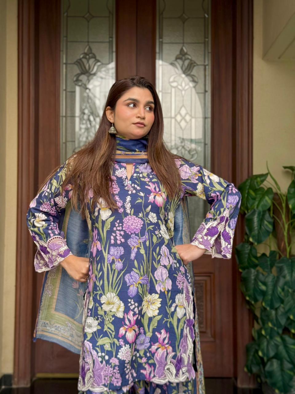 Navy Blossom (3 Pcs Stitched)