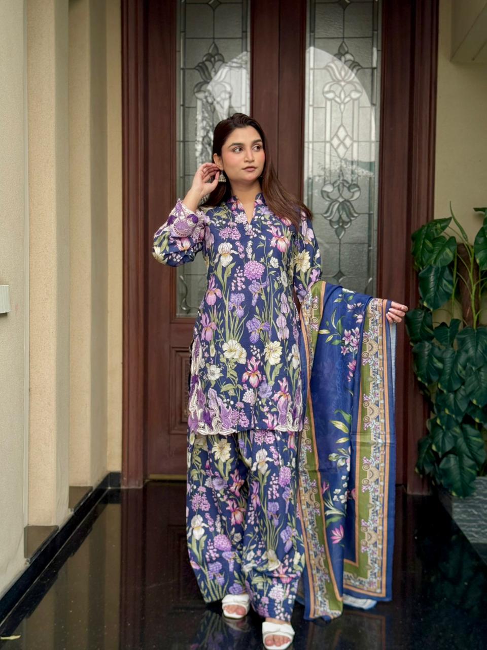 Navy Blossom (3 Pcs Stitched)