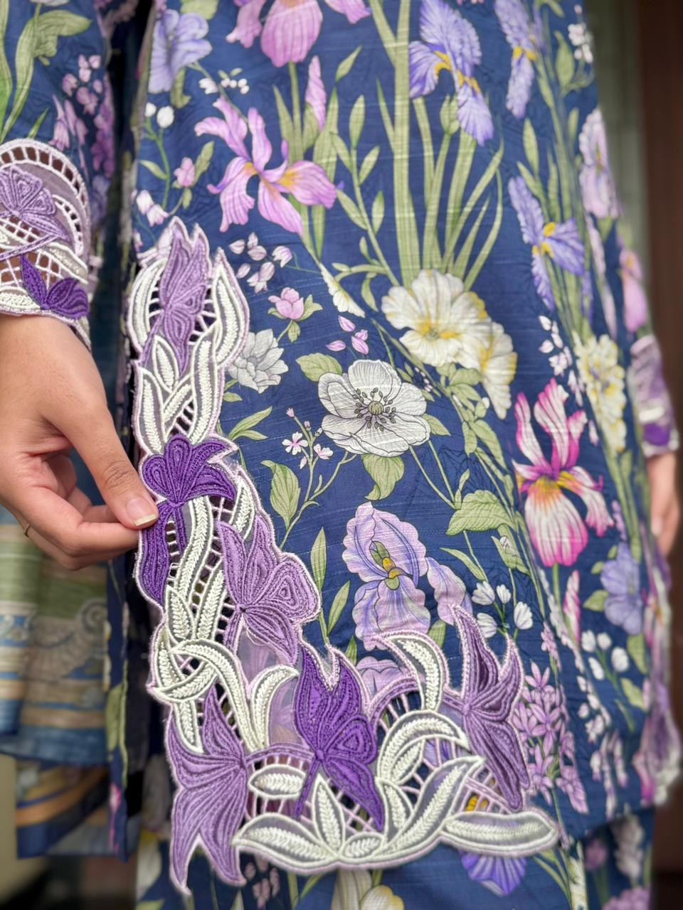 Navy Blossom (3 Pcs Stitched)